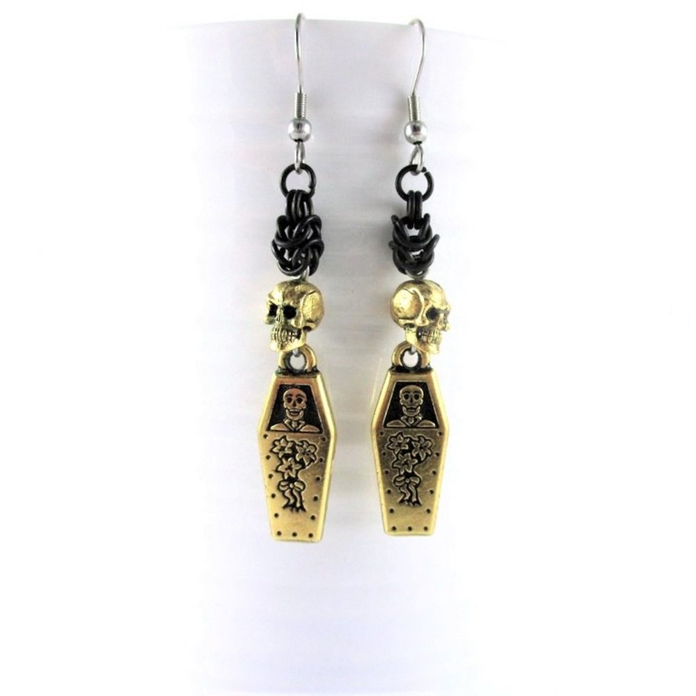 Skull & Coffin Halloween Earrings Chain Maille Day of the Dead Gold Dangle Fun